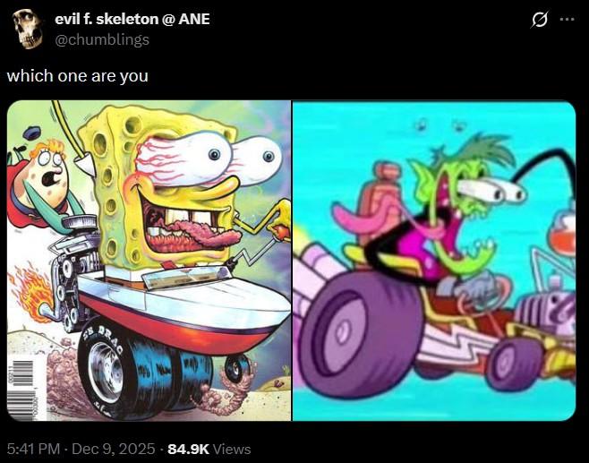 A tweet asking if you are SpongeBob driving crazy or Beast Boy.