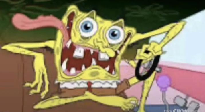 An insane image of SpongeBob driving a boat. He looks truly mad.