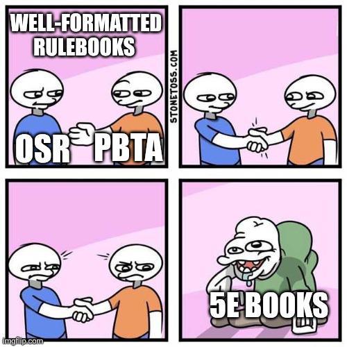 WELL-FORMATTED RULEBOOKS OSR PBTA STONETOSS.COM imgflip.com 5E BOOKS