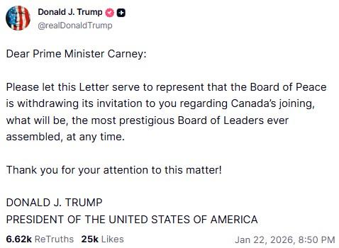 A Truth Social post. The post disinvites Canada from the Board of Peace.