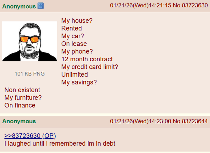 Anonymous 101 KB PNG My house? Rented My car? On lease My phone? 01/21/26(Wed)14:21:15 No.83723630 12 month contract My credit card limit? Unlimited My savings? Non existent My furniture? On finance Anonymous >>83723630 (OP) I laughed until i remembered im in debt 01/21/26(Wed)14:23:00 No.83723644