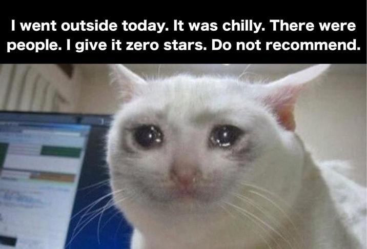I went outside today. It was chilly. There were people. I give it zero stars. Do not recommend.