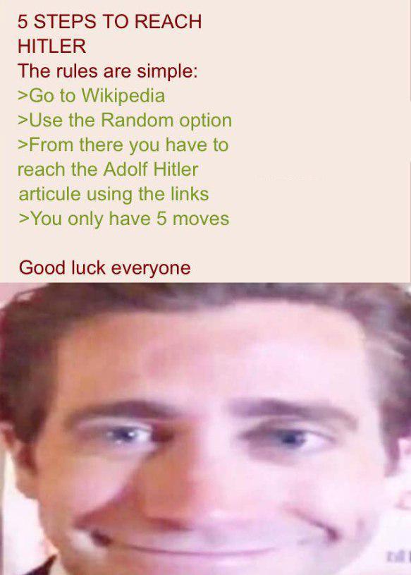 5 STEPS TO REACH HITLER The rules are simple: >Go to Wikipedia >Use the Random option >From there you have to reach the Adolf Hitler articule using the links >You only have 5 moves Good luck everyone
