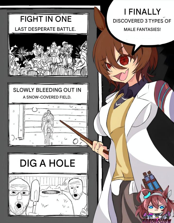 FIGHT IN ONE LAST DESPERATE BATTLE. I FINALLY DISCOVERED 3 TYPES OF MALE FANTASIES! SLOWLY BLEEDING OUT IN A SNOW-COVERED FIELD. อ DIG A HOLE KILKOHOLIO