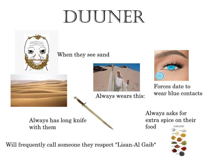 DUUNER When they see sand Always has long knife with them Forces date to wear blue contacts Always wears this: Always asks for extra spice on their food 12 STAPLE SPICES Will frequently call someone they respect "Lisan-Al Gaib"