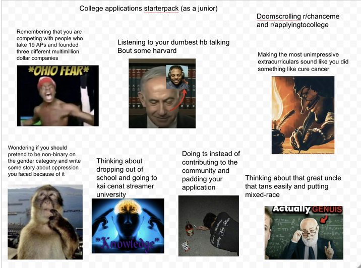 College applications starterpack (as a junior) Remembering that you are competing with people who take 19 APs and founded three different multimillion dollar companies *OHIO FEAR* wwwwwwwwww Listening to your dumbest hb talking Bout some harvard Doomscrolling r/chanceme and r/applyingtocollege Making the most unimpressive extracurriculars sound like you did something like cure cancer Wondering if you should pretend to be non-binary on the gender category and write some story about oppression you faced because of it Thinking about dropping out of school and going to kai cenat streamer university "Knowledge Doing ts instead of contributing to the community and padding your application Don't Believe verything You Hear Thinking about that great uncle that tans easily and putting mixed-race Actually GENUIS 3132 =m.c² Fd zd S(V-2)=1 Zmp+Nm X=409