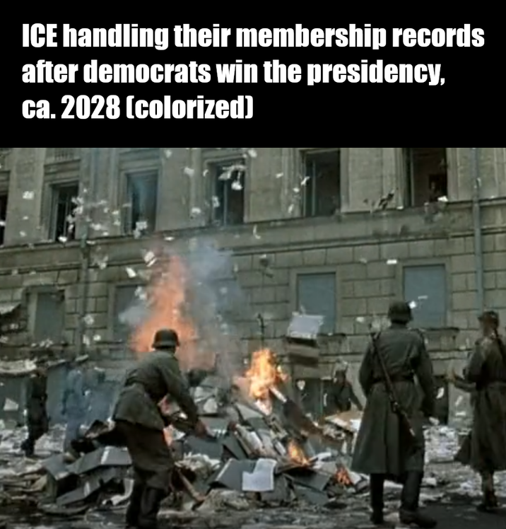 ICE handling their membership records after democrats win the presidency, ca. 2028 (colorized)