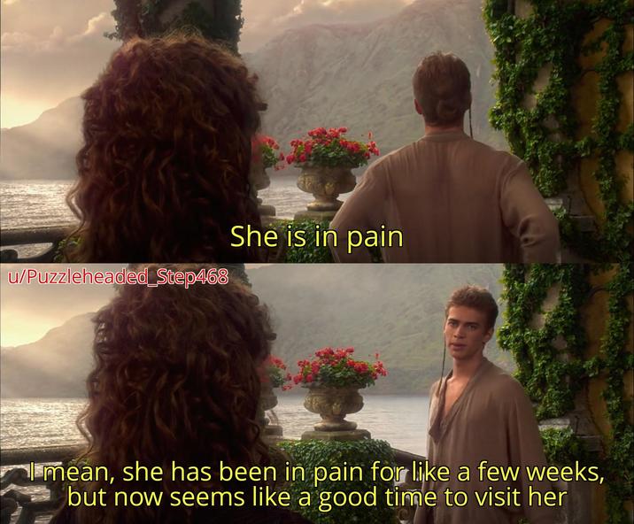 u/Puzzleheaded Step468 She is in pain I mean, she has been in pain for like a few weeks, but now seems like a good time to visit her