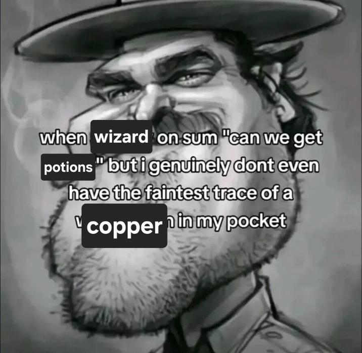 when wizard on sum "can we get potions" but i genuinely dont even have the faintest trace of a copper in my pocket