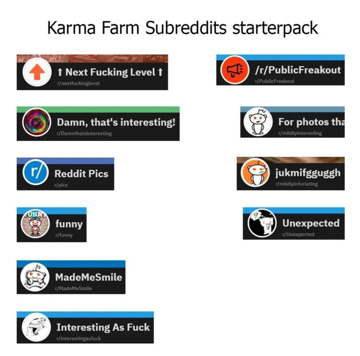 Karma Farm Subreddits starterpack ↑ Next F------ Level ↑ r/nextfuckinglevel ☑/r/PublicFreakout r/PublicFreakout Damn, that's interesting! r/Damnthatsinteresting For photos tha r/mildlyinteresting rReddit Pics r/pics UN funny r/funny MadeMeSmile r/MadeMeSmile Interesting As F--- r/interestingasfuck jukmifgguggh r/mildlyinfuriating Unexpected r/Unexpected