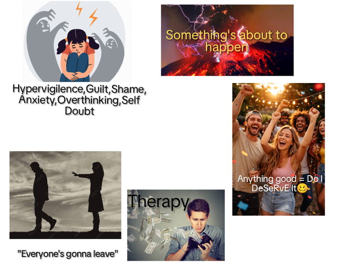 Hypervigilence, Guilt, Shame, Anxiety,Overthinking, Self Doubt "Everyone's gonna leave" Something's about to happen Therapy Anything good Do! DeSeRvE It