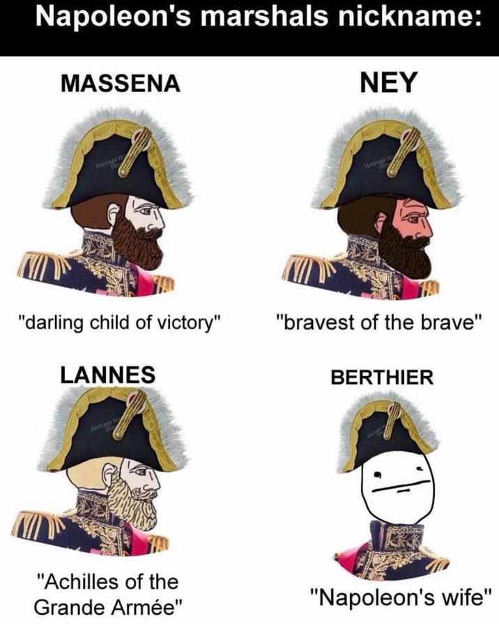Napoleon's marshals nickname: MASSENA NEY Heritage H Dep Heritage Hi "darling child of victory" "bravest of the brave" LANNES Heritage Hi Dep "Achilles of the Grande Armée" BERTHIER "Napoleon's wife"