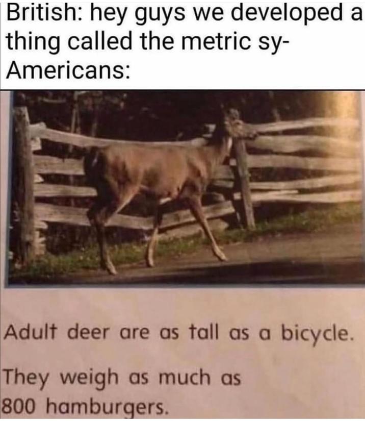 British: hey guys we developed a thing called the metric sy- Americans: Adult deer are as tall as a bicycle. They weigh as much as 800 hamburgers.