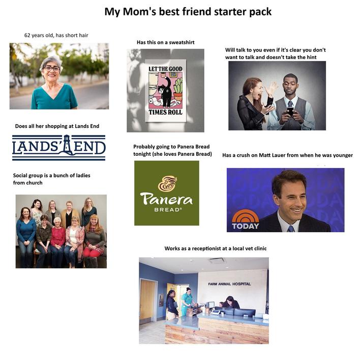 62 years old, has short hair My Mom's best friend starter pack Has this on a sweatshirt Will talk to you even if it's clear you don't want to talk and doesn't take the hint LET THE GOOD Does all her shopping at Lands End LANDS' END TIMES ROLL Social group is a bunch of ladies from church Probably going to Panera Bread tonight (she loves Panera Bread) Has a crush on Matt Lauer from when he was younger Panera BREAD® ODA DA DA TODAY Works as a receptionist at a local vet clinic FARM ANIMAL HOSPITAL