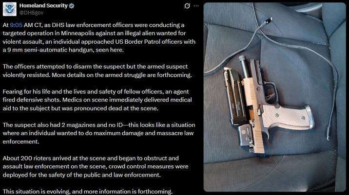 A statement from DHS about Alex Pretti's death. They call the shooting self defence.