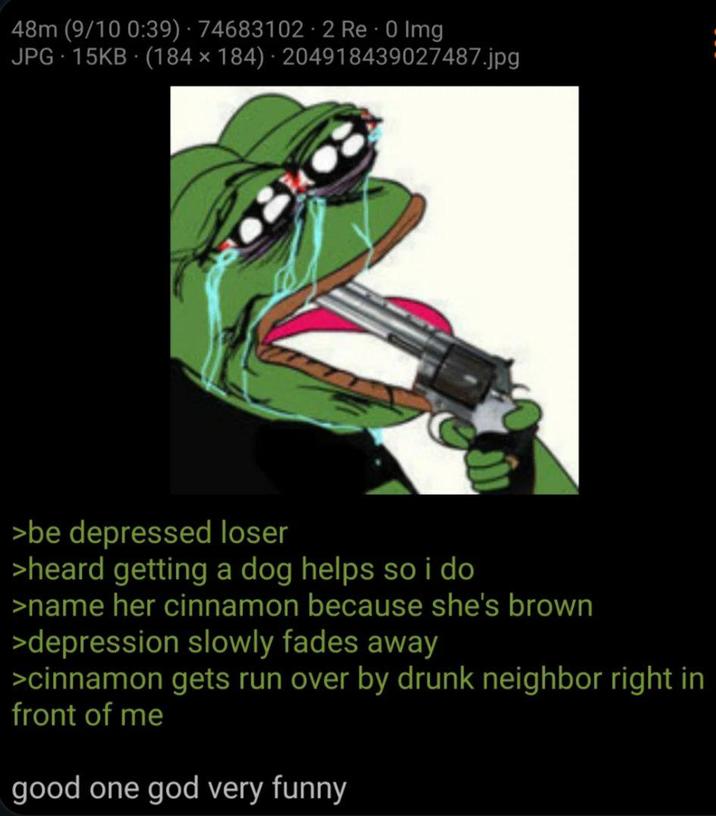 48m (9/10 0:39) 74683102 2 Re⚫ 0 Img JPG 15KB (184 × 184) 204918439027487.jpg >be depressed loser >heard getting a dog helps so i do >name her cinnamon because she's brown >depression slowly fades away >cinnamon gets run over by drunk neighbor right in front of me good one god very funny