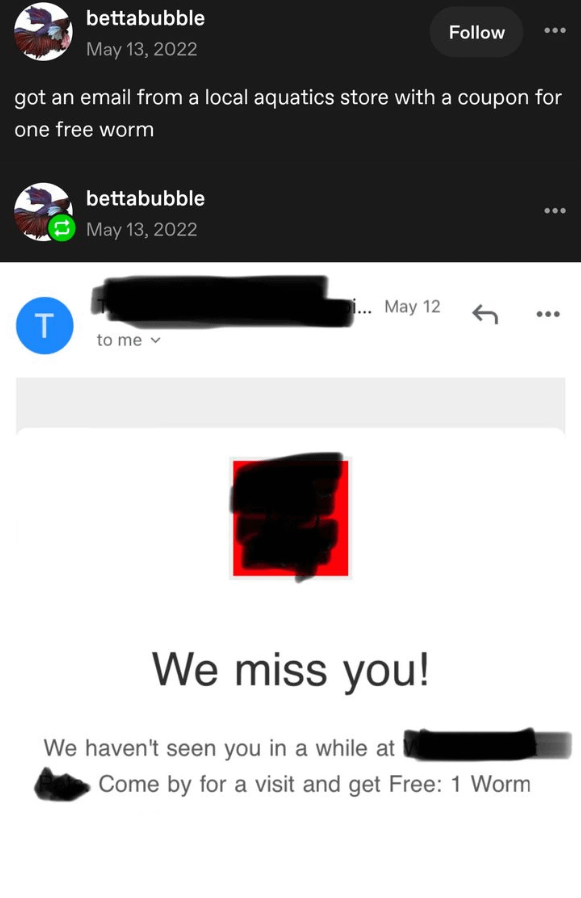 bettabubble May 13, 2022 Follow got an email from a local aquatics store with a coupon for one free worm bettabubble May 13, 2022 T to me ... May 12 We miss you! We haven't seen you in a while at Come by for a visit and get Free: 1 Worm ↑