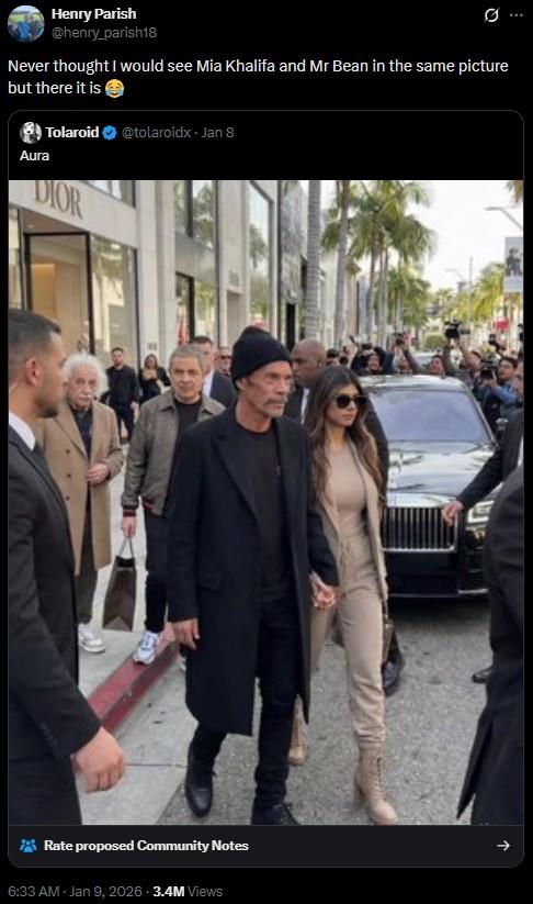 Henry Parish @henry_parish18 Never thought I would see Mia Khalifa and Mr Bean in the same picture but there it is Aura Tolaroid @tolaroidx - Jan 8 DIOR Rate proposed Community Notes 6:33 AM - Jan 9, 2026 - 3.4M Views