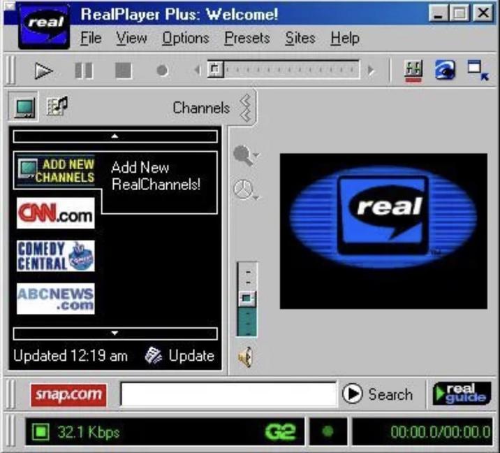 real RealPlayer Plus: Welcome! File View Options Presets Sites Help ADD NEW Add New CHANNELS CNN.com COMEDY CENTRAL ABCNEWS .com Channels RealChannels! Updated 12:19 am Update snap.com 32.1 Kbps real ☑ Search guide real G2 00:00.0/00:00.0