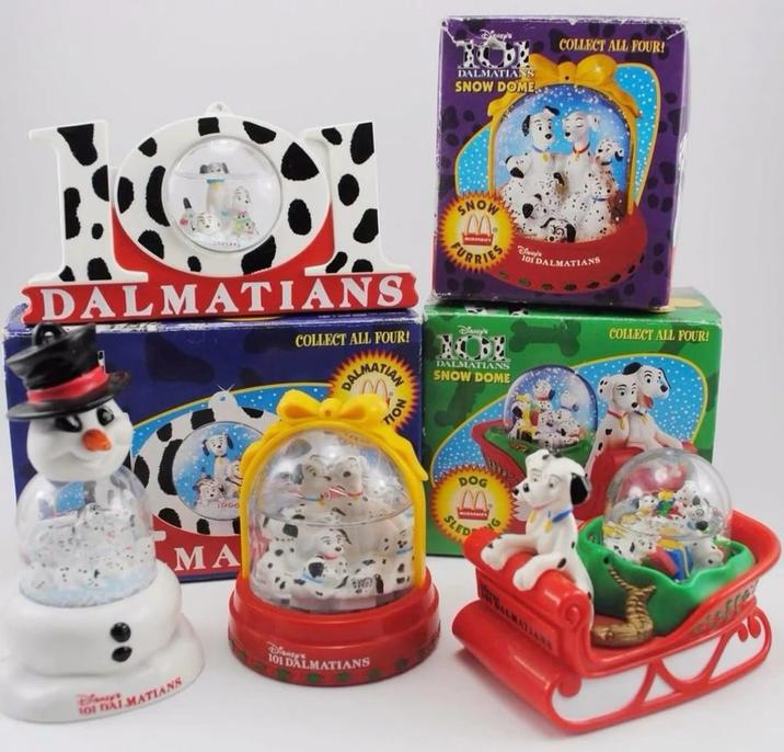 Dearp's COLLECT ALL FOUR! DALMATIANS SNOW DOME SNOW M. URRIES DALMATIANS COLLECT ALL FOUR! ALMATIAN Dinazy's DALMATIANS SNOW DOME 1996 MA 101 DALMATIANS Diensy's 101 DALMATIANS TION B SLED 101 DALMATIANS COLLECT ALL FOUR!