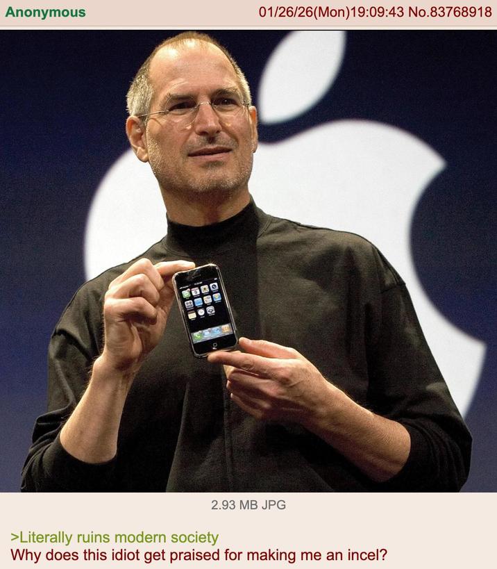 Anonymous 01/26/26(Mon) 19:09:43 No.83768918 2.93 MB JPG >Literally ruins modern society Why does this idiot get praised for making me an incel?