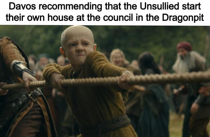 Davos recommending that the Unsullied start their own house at the council in the Dragonpit