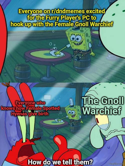 Everyone on r/dndmemes excited for the Furry Player's PC to hook up with the Female Gnoll Warchief Everyone who knows how Female Spotted Hyenas give birth The Gnoll Warchief How do we tell them? mgflip com