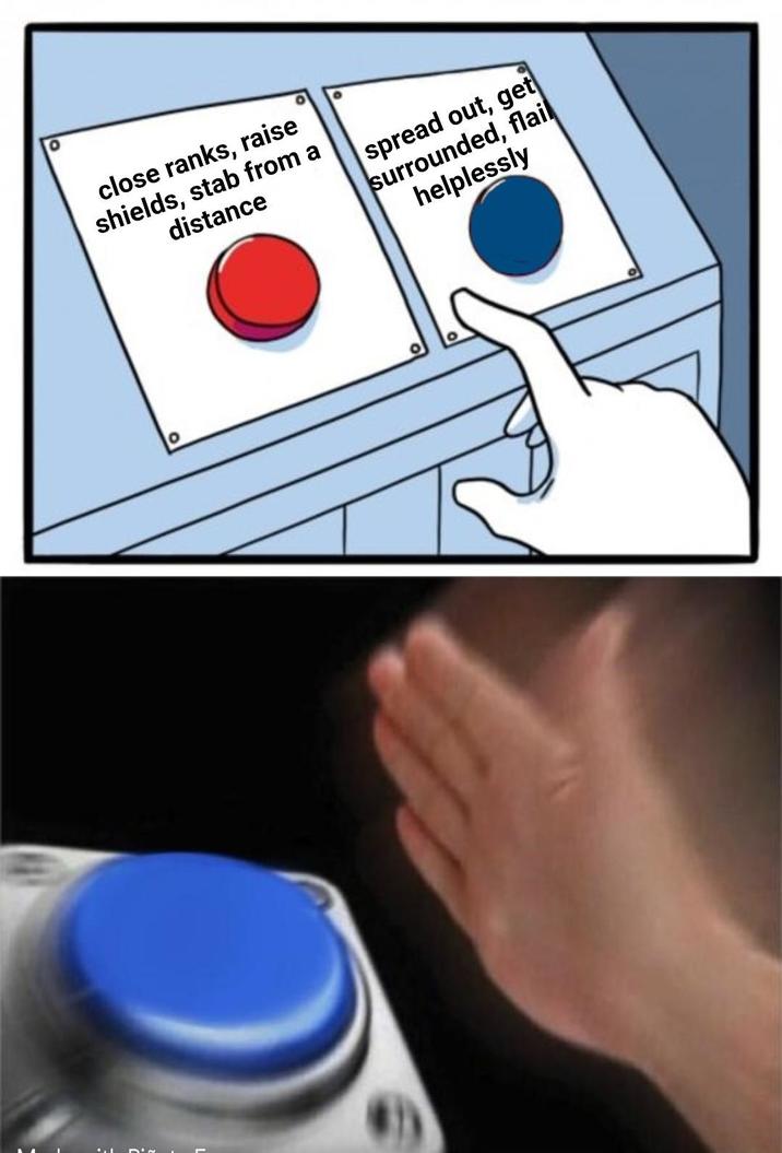 close ranks, raise shields, stab from a distance spread out, get surrounded, flail helplessly