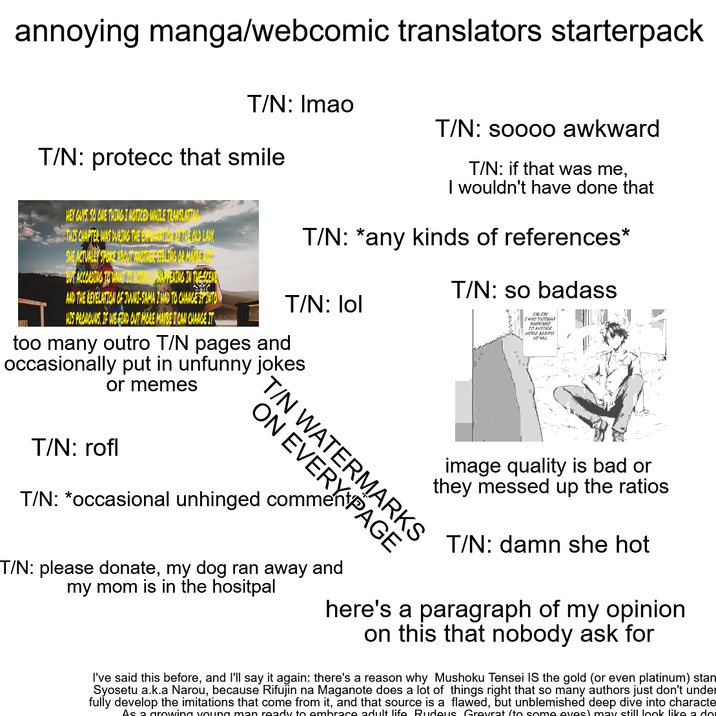 annoying manga/webcomic translators starterpack T/N: Imao T/N: protecc that smile HEY GUYS. SO ONE THING I NOTICED WHILE TRANSLATING THIS CHAPTER WAS DURING THE ETHE OLD LADY SHE ACTUALLY SPOKE ABOUT ANOTHER BLING OR MAYBE BUT ACCORDING TO WHAT SHAKTORENTING IN THE SCEN AND THE REVELATION OF JUUNI-SAMA I HAD TO CHANGE INTO HIS PRONOUNS. IF WE FIND OUT MORE MAYBE I CAN CHANGE IT T/N: soooo awkward T/N: if that was me, I wouldn't have done that T/N: *any kinds of references* T/N: so badass T/N: lol too many outro T/N pages and occasionally put in unfunny jokes or memes ONE PAY FWAS SUPPLY TO ANOTHER NORAGA "NOY HOLL T/N: rofl ON EVERY PAGE T/N WATERMARKS T/N: *occasional unhinged comme T/N: please donate, my dog ran away and my mom is in the hositpal image quality is bad or they messed up the ratios T/N: damn she hot here's a paragraph of my opinion on this that nobody ask for I've said this before, and I'll say it again: there's a reason why Mushoku Tensei IS the gold (or even platinum) stan Syosetu a.k.a Narou, because Rifujin na Maganote does a lot of things right that so many authors just don't under fully develop the imitations that come from it, and that source is a flawed, but unblemished deep dive into characte As a growing young man ready to embrace adult life. Rudeus Grevrat (to some eves) may still look like a do