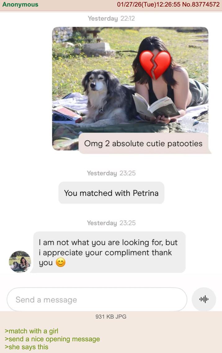 Anonymous 01/27/26(Tue)12:26:55 No.83774572 Yesterday 22:12 Omg 2 absolute cutie patooties Yesterday 23:25 You matched with Petrina Yesterday 23:25 I am not what you are looking for, but i appreciate your compliment thank you Send a message 931 KB JPG >match with a girl >send a nice opening message >she says this