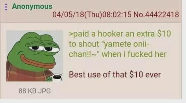 Anonymous 04/05/18(Thu)08:02:15 No.44422418 >paid a h----- an extra $10 to shout "yamete onii- chan!!" when i f----- her Best use of that $10 ever 88 KB JPG