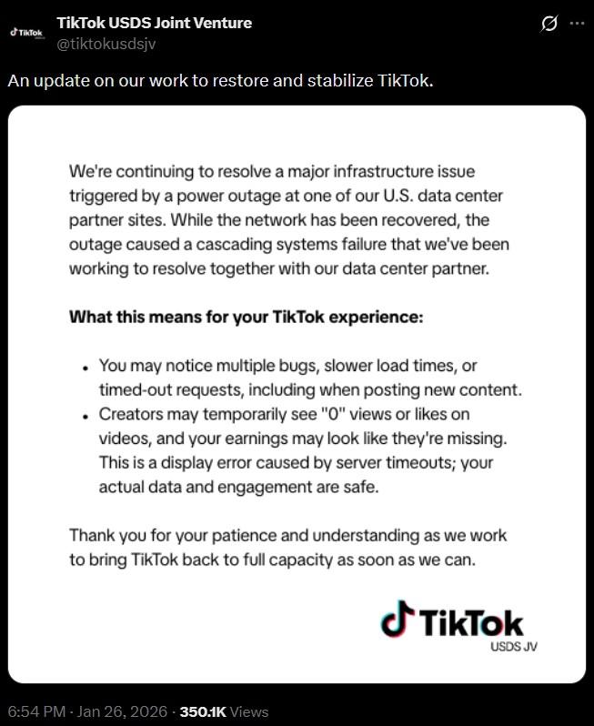 тікток TikTok USDS Joint Venture @tiktokusdsjv An update on our work to restore and stabilize TikTok. We're continuing to resolve a major infrastructure issue triggered by a power outage at one of our U.S. data center partner sites. While the network has been recovered, the outage caused a cascading systems failure that we've been working to resolve together with our data center partner. What this means for your TikTok experience: . You may notice multiple bugs, slower load times, or timed-out requests, including when posting new content. Creators may temporarily see "O" views or likes on videos, and your earnings may look like they're missing. This is a display error caused by server timeouts; your actual data and engagement are safe. Thank you for your patience and understanding as we work to bring TikTok back to full capacity as soon as we can. 6:54 PM - Jan 26, 2026 350.1K Views Ժ TikTok USDS JV
