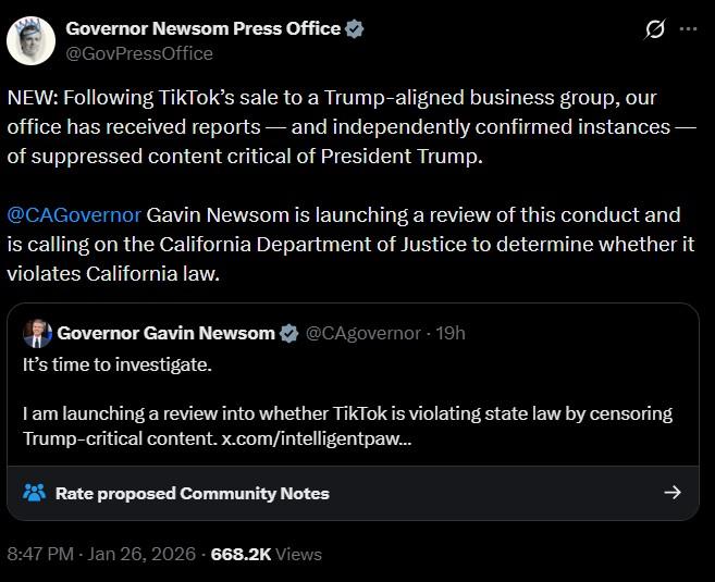 A tweet by Gavin Newsom. He claims California will investigate TikTok censorship claims.