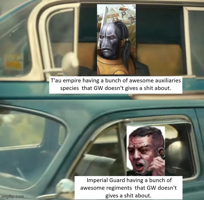 T'au empire having a bunch of awesome auxiliaries species that GW doesn't gives a s--- about. imgflip.com Imperial Guard having a bunch of awesome regiments that GW doesn't gives a s--- about.