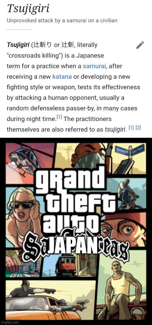 Tsujigiri Unprovoked attack by a samurai on a civilian Tsujigiri ( or it, literally "crossroads killing") is a Japanese term for a practice when a samurai, after receiving a new katana or developing a new fighting style or weapon, tests its effectiveness by attacking a human opponent, usually a random defenseless passer-by, in many cases during night time. [1] The practitioners themselves are also referred to as tsujigiri. [1] [2] Grove R Glans Plank imgflip.com gRand theft augo SJAPAN tax
