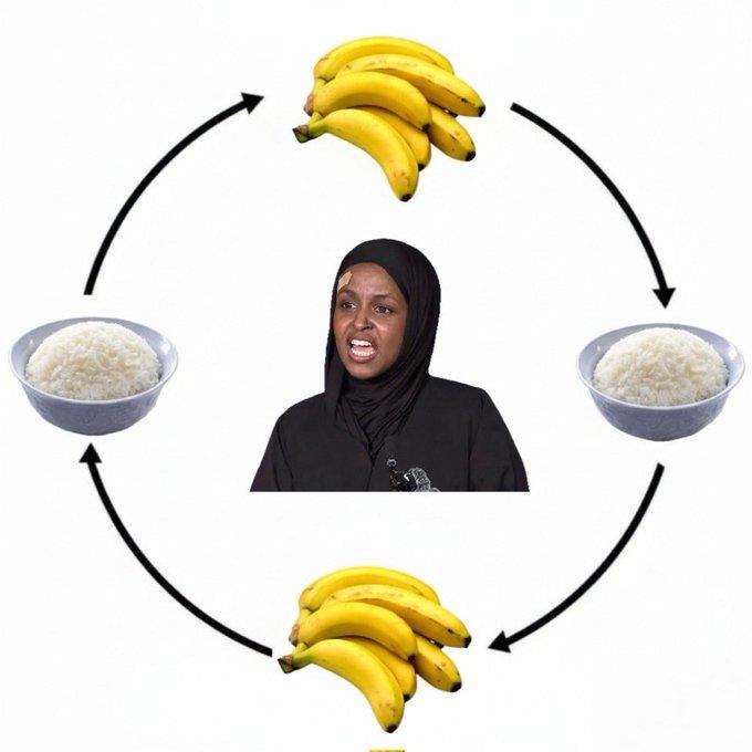 A meme about Nasrah Ahmed. It shows her looping about bananas and rice.