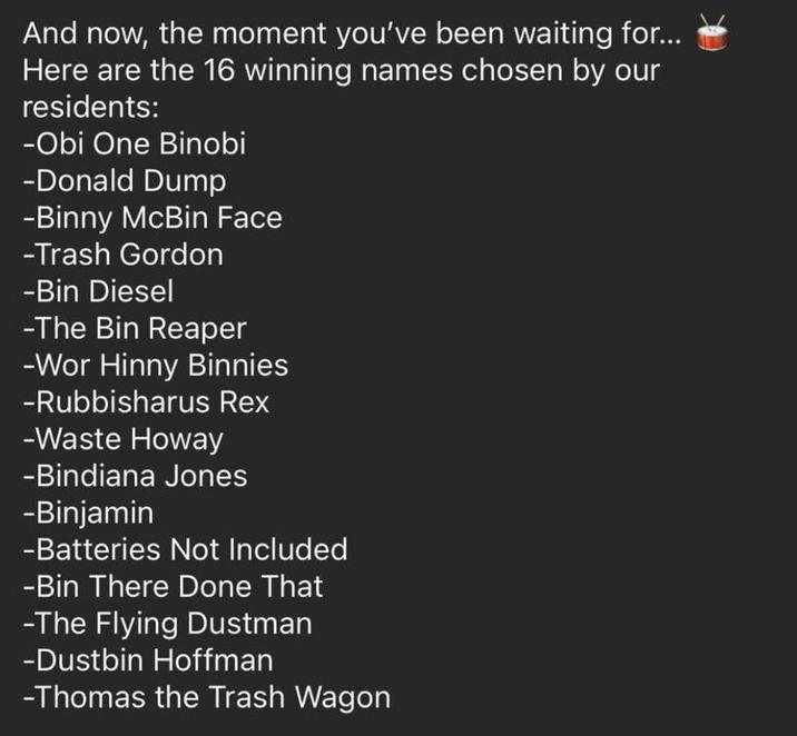 And now, the moment you've been waiting for... Here are the 16 winning names chosen by our residents: -Obi One Binobi -Donald Dump -Binny McBin Face -Trash Gordon -Bin Diesel -The Bin Reaper -Wor Hinny Binnies -Rubbisharus Rex -Waste Howay -Bindiana Jones -Binjamin -Batteries Not Included -Bin There Done That -The Flying Dustman -Dustbin Hoffman -Thomas the Trash Wagon