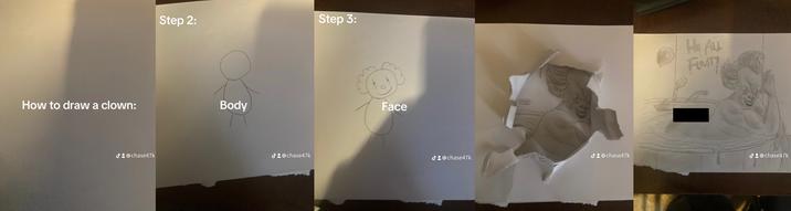 A compilation of a TikTok slideshow about how to draw a clown. It's a fakeout.