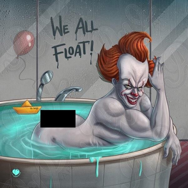 A drawing of Pennywise in the tub with his rear end poking out. It has been censored.