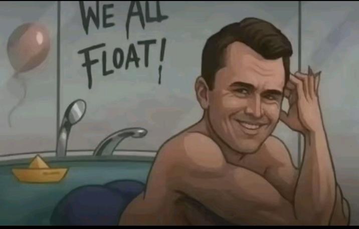 A Charlie Kirk redraw of the Pennywise tub meme. He is wearing pants and floating in the tub. 