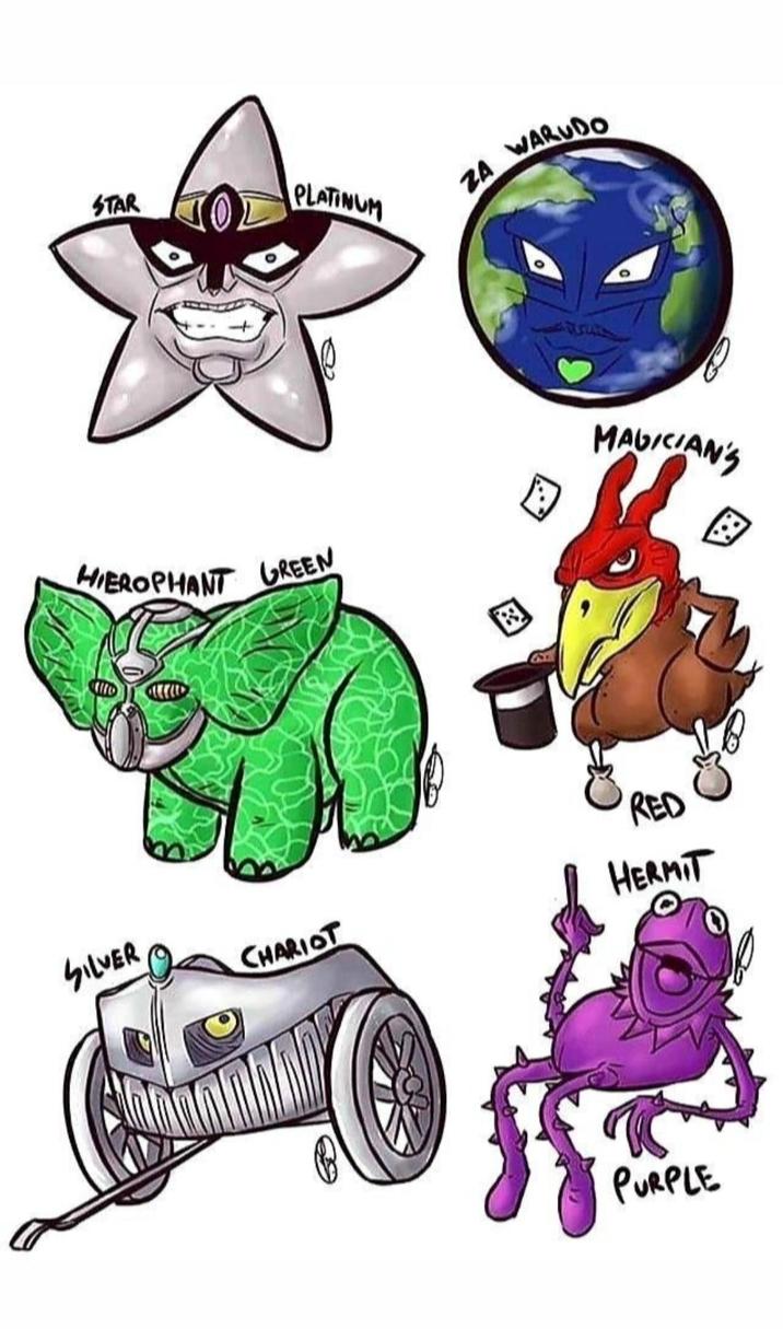 STAR PLATINUM ZA WARUDO HIEROPHANT GREEN MAGICIAN'S SILVER CHARIOT RED HERMIT PURPLE