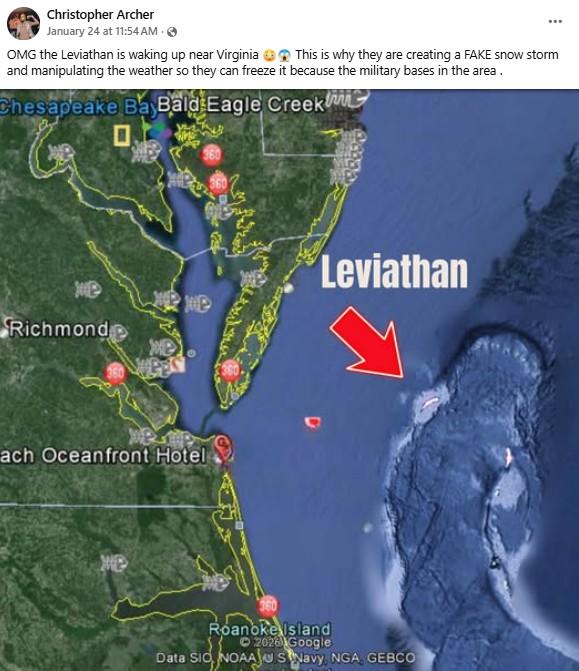A Facebook post about a leviathan waking up near Virginia. It reads, 