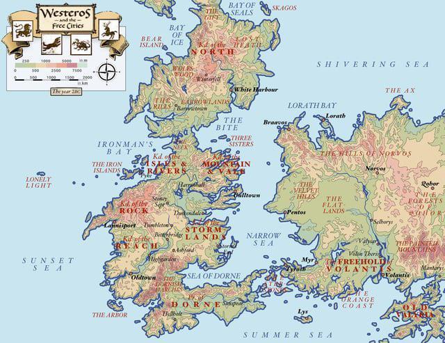 Westeros and the Free Cities THE BAY OF SEALS SKAGOS GIFF BAY OF BEAR ICE ISLAND Kd of the HEATH NORTH 250 500 1000 2500 5000 7500 SHIVERING SEA WOLFS WOOD Wimerfell White Harbour THE AX The year 20 THE EARROWLANDS RILLS Batw LORATH BAY Lorath LONELY LIGHT SUNSET SEA THE BITE Braavos IRONMAN'S BAY ° THE IRON Kd.of the SIS & ISLANDS CRAVERS& THREE SISTERS Kiba the MOUNTAIN & VATH THE HILLS OF NORVOS Norvos Pyke Harrell Stoney Kd of the Spe ROCK Dunckendale YUHE VELPER Hilltown HILLS THE Pentos Lainisport Tombleton' STORM Kusof the Bigbridge LANDS EACH NARROW SEA Stors Ashford Alighgarden Oldtown SEA OF DORNE Rebor HE FORESTS FLAT LANDS BAHOR Selborys Vali THE PINTER MOUNTAINS) Myr FREEHOLD! OLANTIS Volanti Valon Theri Mantary MARCHES E BORNE ORANGE 0 COAST THE ARBOR Hellbolt SUMMER SEA