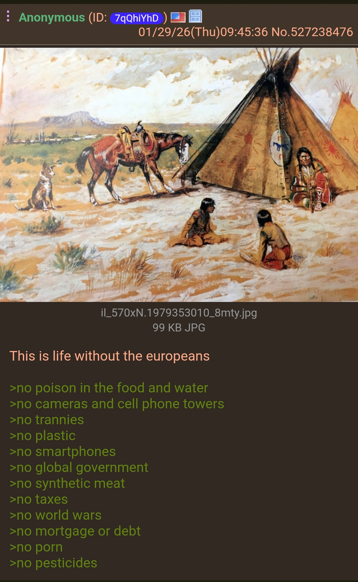 Anonymous (ID: 7qQhiYhD) 01/29/26(Thu)09:45:36 No.527238476 il_570xN.1979353010_8mty.jpg 99 KB JPG This is life without the europeans >no poison in the food and water >no cameras and cell phone towers >no trannies >no plastic >no smartphones >no global government >no synthetic meat >no taxes >no world wars >no mortgage or debt >no p--- >no pesticides