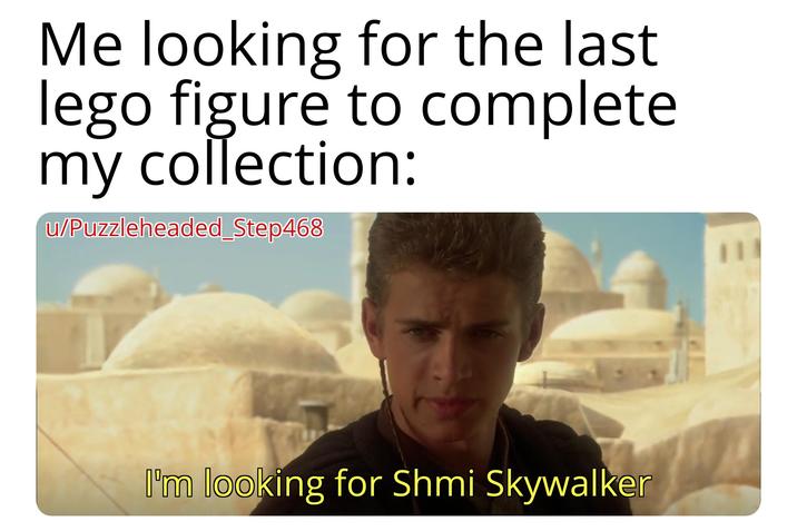 Me looking for the last lego figure to complete my collection: u/Puzzleheaded_Step468 I'm looking for Shmi Skywalker