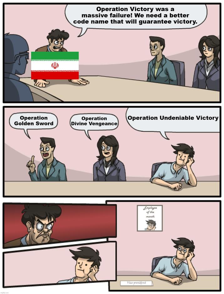 imgflip.com Operation Golden Sword € Operation Victory was a massive failure! We need a better code name that will guarantee victory. Operation Divine Vengeance Operation Undeniable Victory Vice president Employee of the month