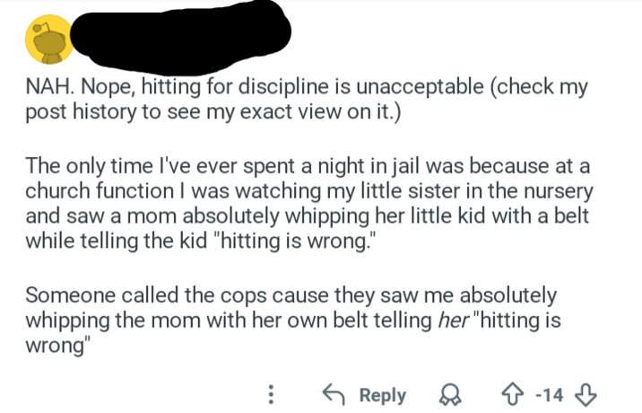 NAH. Nope, hitting for discipline is unacceptable (check my post history to see my exact view on it.) The only time I've ever spent a night in jail was because at a church function I was watching my little sister in the nursery and saw a mom absolutely whipping her little kid with a belt while telling the kid "hitting is wrong." Someone called the cops cause they saw me absolutely whipping the mom with her own belt telling her "hitting is wrong" ← Reply -14
