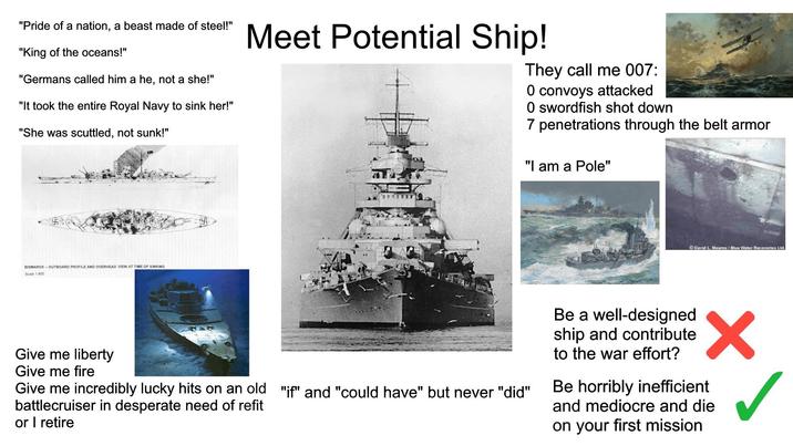 "Pride of a nation, a beast made of steel!" "King of the oceans!" "Germans called him a he, not a she!" "It took the entire Royal Navy to sink her!" "She was scuttled, not sunk!" Meet Potential Ship! They call me 007: 0 convoys attacked O swordfish shot down 7 penetrations through the belt armor "I am a Pole" BISMARCK-OUTBOARD PROFILE AND OVERHEAD VIEW AT TIME OF SINKING Scale 1:800 David L. Meams/Blue Water Recoveries Ltd. Give me liberty Give me fire Give me incredibly lucky hits on an old "if" and "could have" but never "did" battlecruiser in desperate need of refit or I retire Be a well-designed ship and contribute to the war effort? Be horribly inefficient and mediocre and die on your first mission
