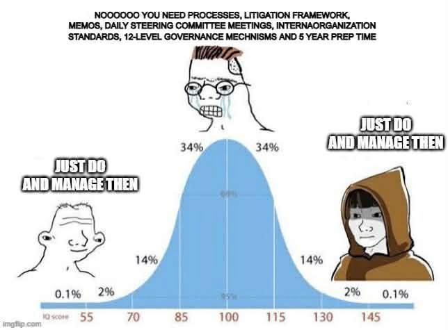 NOOOOOO YOU NEED PROCESSES, LITIGATION FRAMEWORK, MEMOS, DAILY STEERING COMMITTEE MEETINGS, INTERNAORGANIZATION STANDARDS, 12-LEVEL GOVERNANCE MECHNISMS AND 5 YEAR PREP TIME JUST DO AND MANAGE THEN imgflip.com 0.1% 2% 14% JUST DO 34% 34% AND MANAGE THEN 14% 2% 0.1% 70 85 100 115 130 145