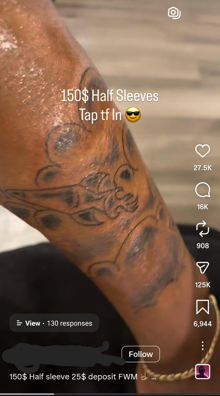 150$ Half Sleeves Tap tf In View 130 responses Follow 150$ Half sleeve 25$ deposit FWM 27.5K 16K 908 ☑ 125K ☐ 6,944